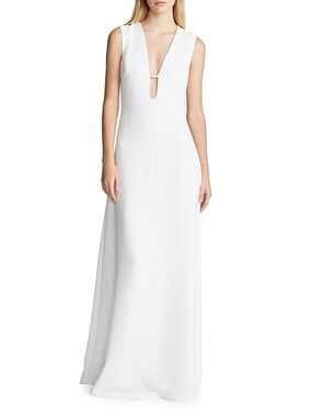 NWT💫 Halston Heritage White Plunge V-Neck Maxi Gown Dress